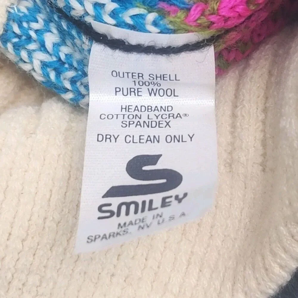 Smiley Beanie Ski Cap Hat 100% Wool Ear Flap Tassels Pink Blue Black Green USA